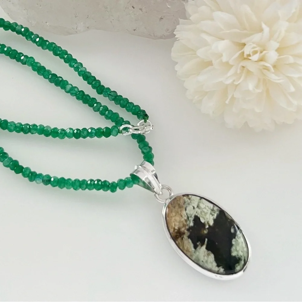 Chrome Chalcedony Solid Sterling Silver 925 Pendant, 4mm 18.5” Jade Necklace New - Picture 3 of 8
